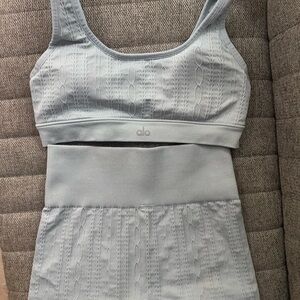 ALO Yoga Light Blue Sports Bra and Biker Shorts Set